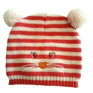 Toddler Girl Kitty Beanie Cat Hat Pink Striped Embroidered Face Pompom Ears